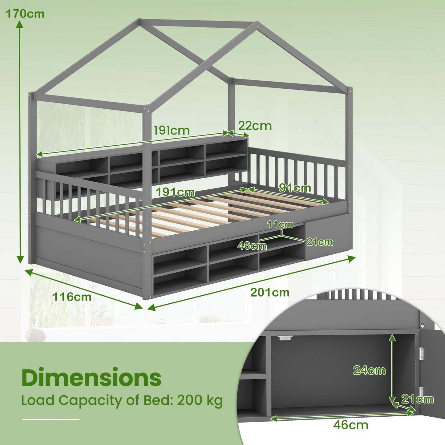 Wooden Single Size House Bed with Roof and 14 Storage Cubes