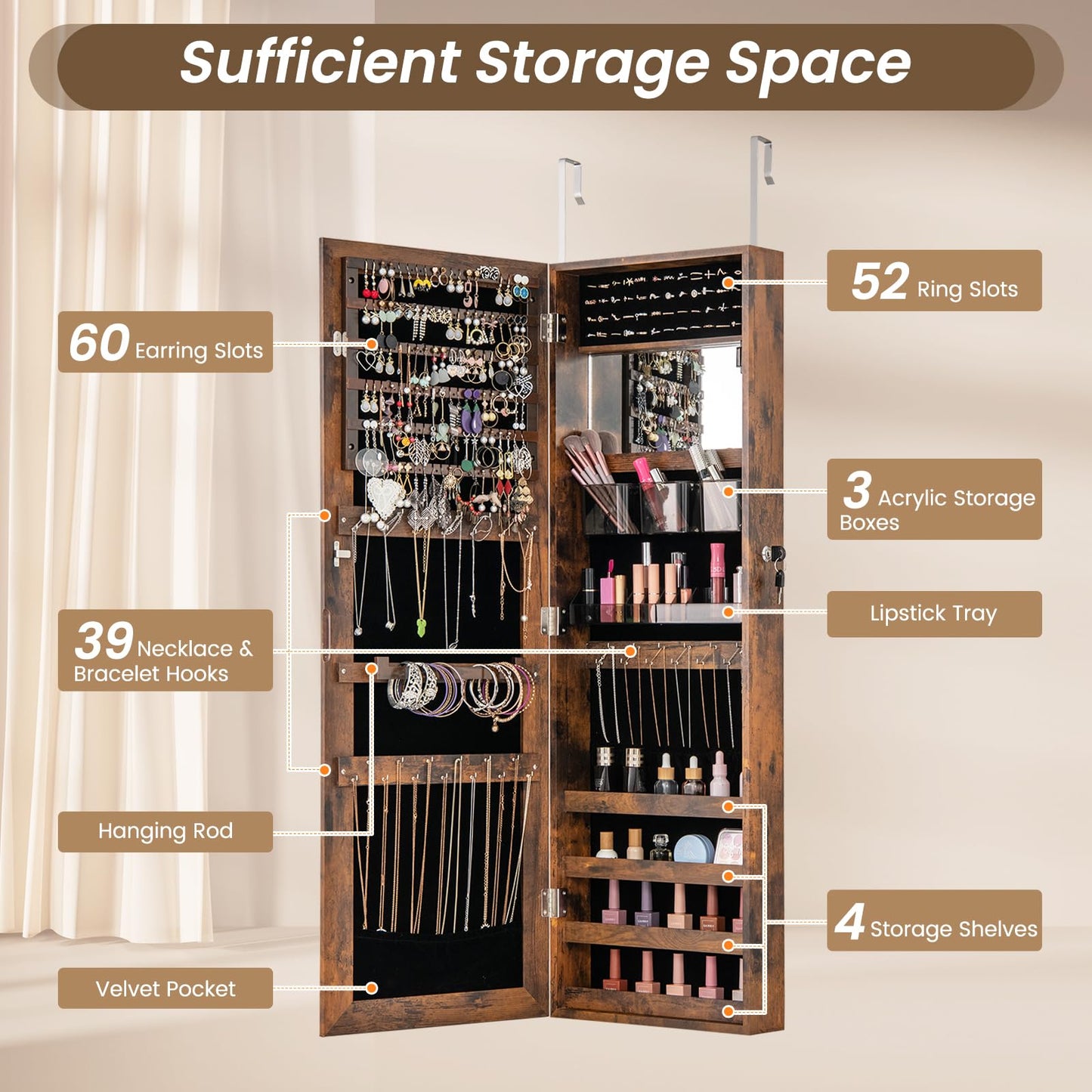 110 cm Jewelry Mirror Cabinet with Full-length Mirror and Interior Makeup Mirror
