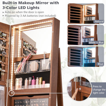 360 Degree Mirrored Jewelry Armoire with 3 Color Auto on LED Lights