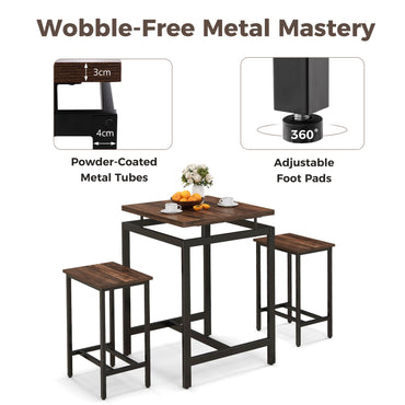 Counter Height Table and 2 Stools set with Floating Tabletop and Footrest for Small Space