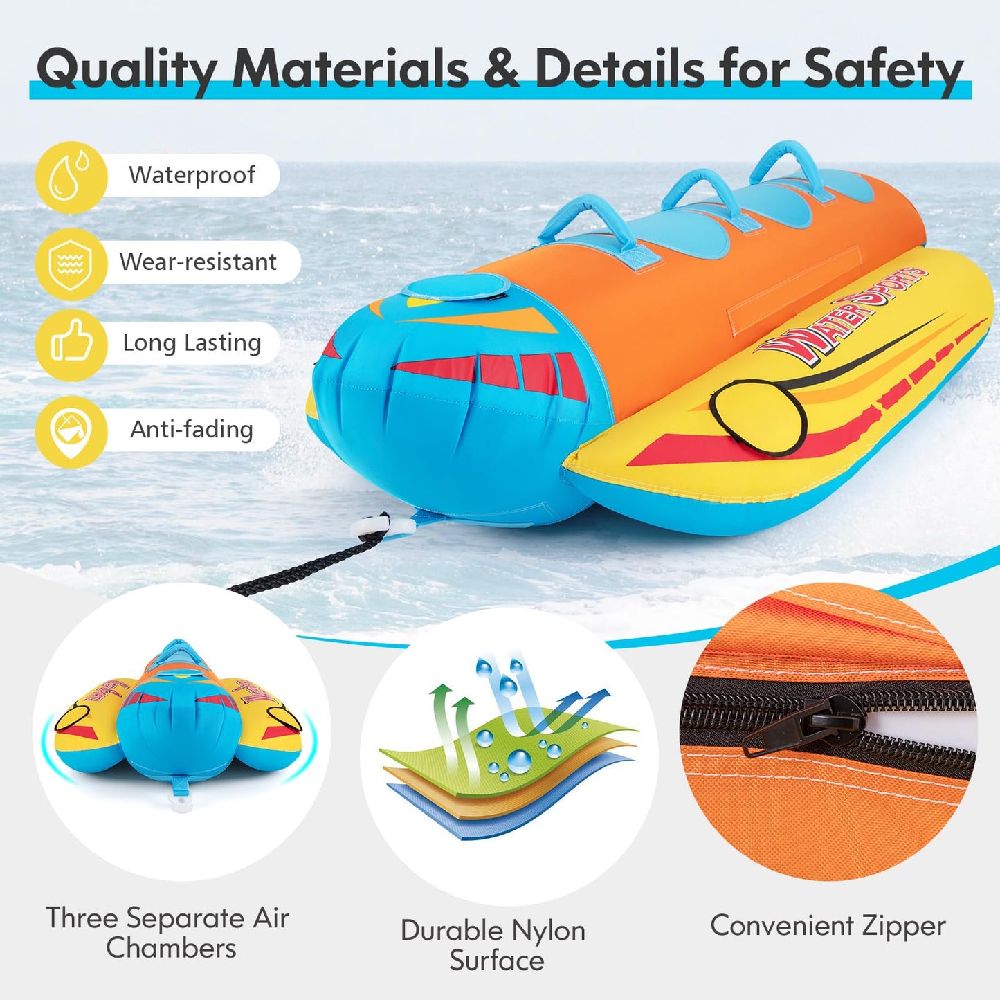 1-3 Riders Inflatable Banana Boat Towable Tube for Boating with Full Nylon Cover