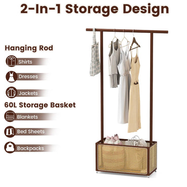 Bamboo Clothes Rack 2-In-1 Clothing Hanging Rail