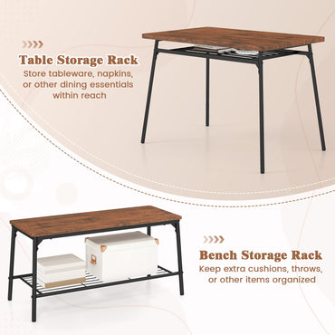 4 Piece Dining Table Set Metal with Bench and Storage Racks