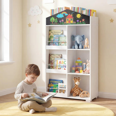 Kids Dollhouse Bookshelf with Chalkboard for Kids Room, Nursery, Playroom