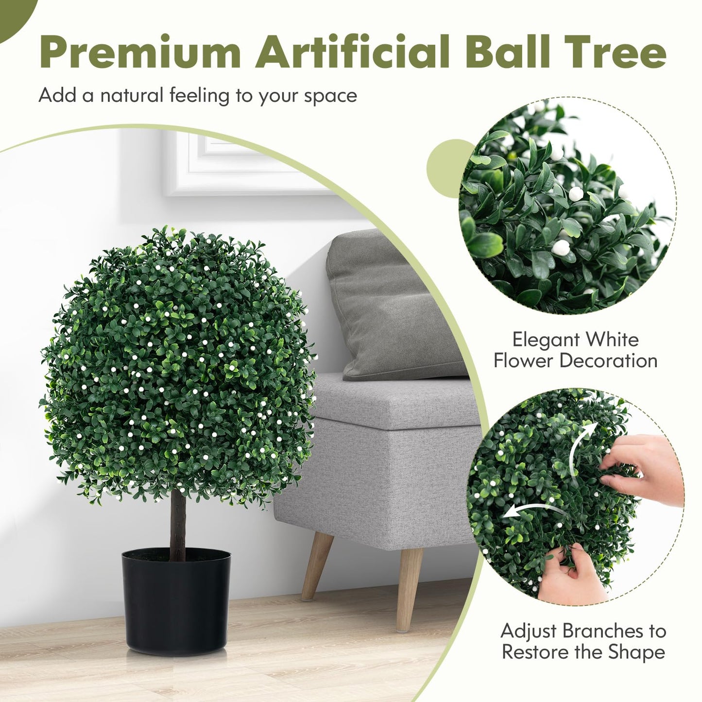 2 Piece Artificial Boxwood Topiary Ball Tree with UV Rated Leaves and 343 White Fruits