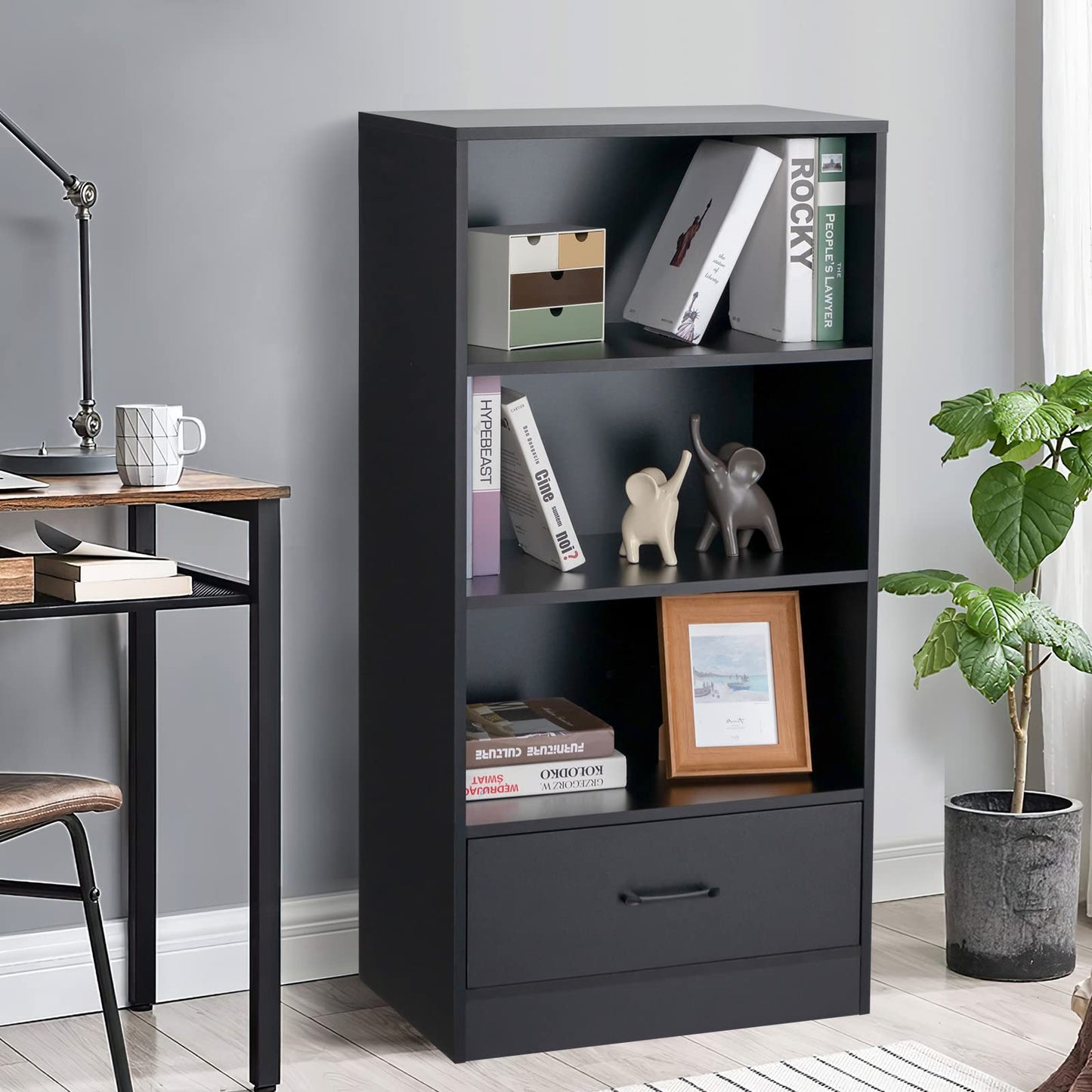 Wooden Storage Bookshelf Cabinet with 3 Tier Open Shelves and Drawer