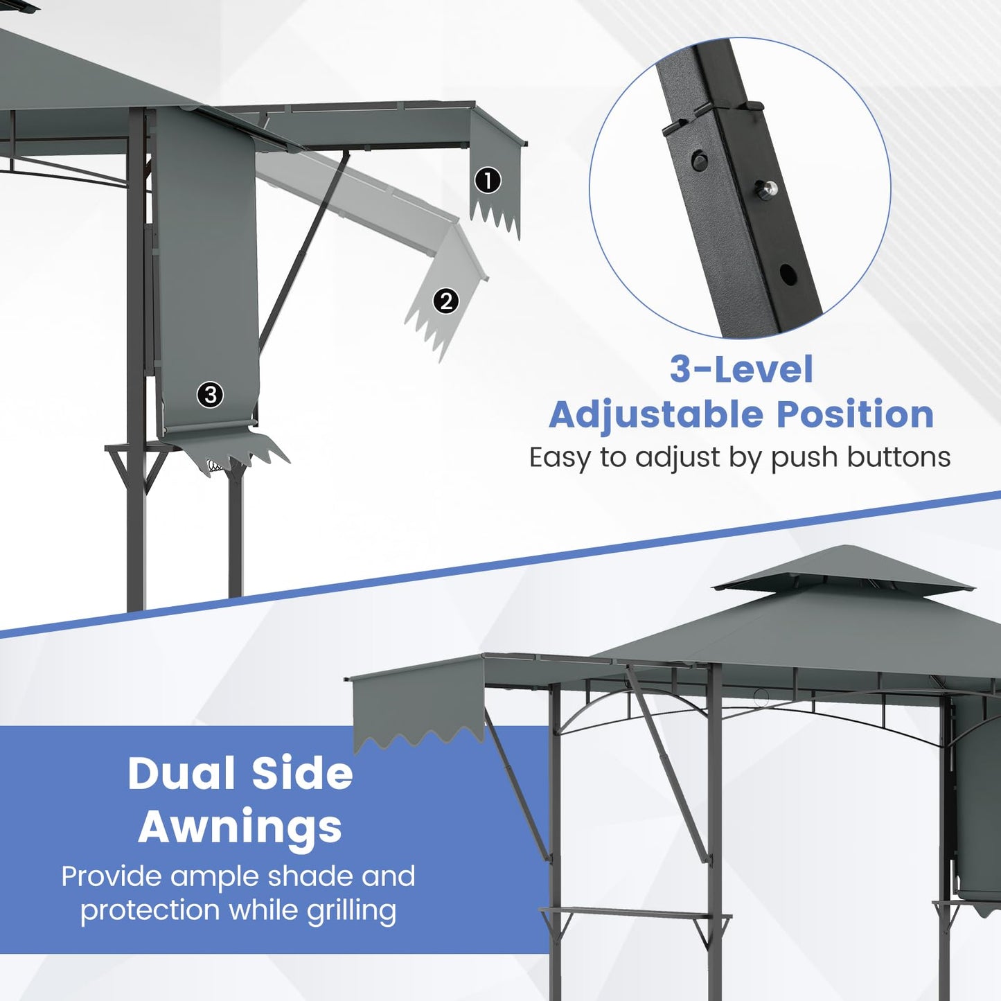 398 x 153 cm Grill Gazebo with Dual Side Awnings and Adjustable Shadow