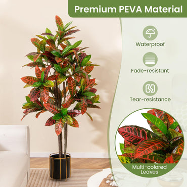 150cm Artificial Croton Plant with Multi colored PEVA Leaves and Solid Wood Trunk