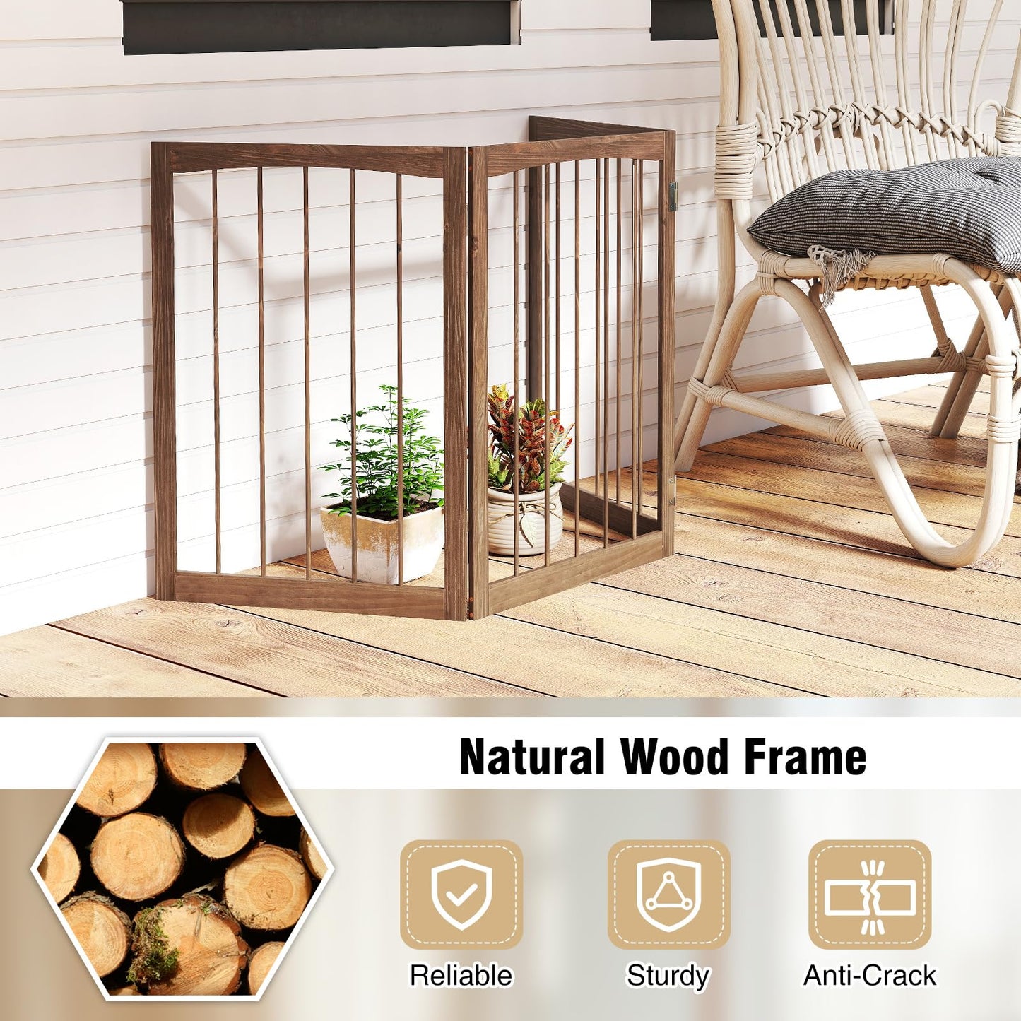 76 CM Tall Pet Gate Wooden Dog Fence 3-Panel Room Divider Barrier