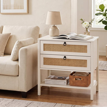 Rattan Bedside Table, Boho Nightstand with 2 Drawers