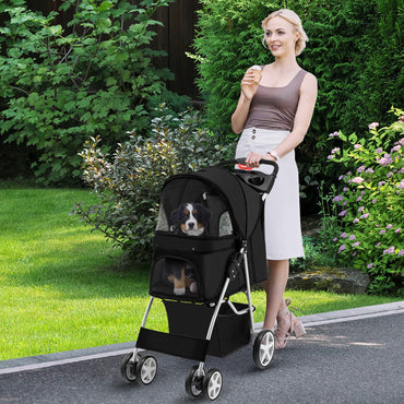 4-Wheel Folding Pet Stroller with Storage Basket and Adjustable Canopy