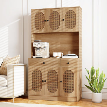 Kitchen Storage Cabinet with Charging Station and 6 Rattan Doors