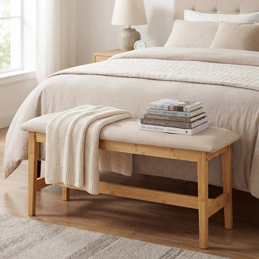 100cm Bamboo End of Bed Bench, Button-Tufted Upholstered Ottoman Shoe Bench