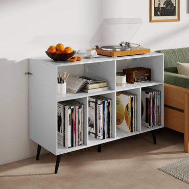 Record Player Stand with Charging Station and Storage Shelves