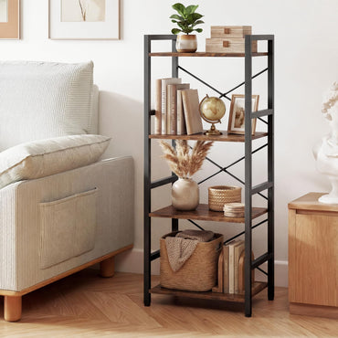 Wooden Storage Bookcase Ladder Shelving Unit with X-Shaped Bar