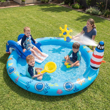 Inflatable Play Center, Marine Life Spray Paddling Pool with Slide & Sprinkle