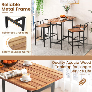 5 Piece Acacia Wood Bar Table Set with Metal Frame and Footrest