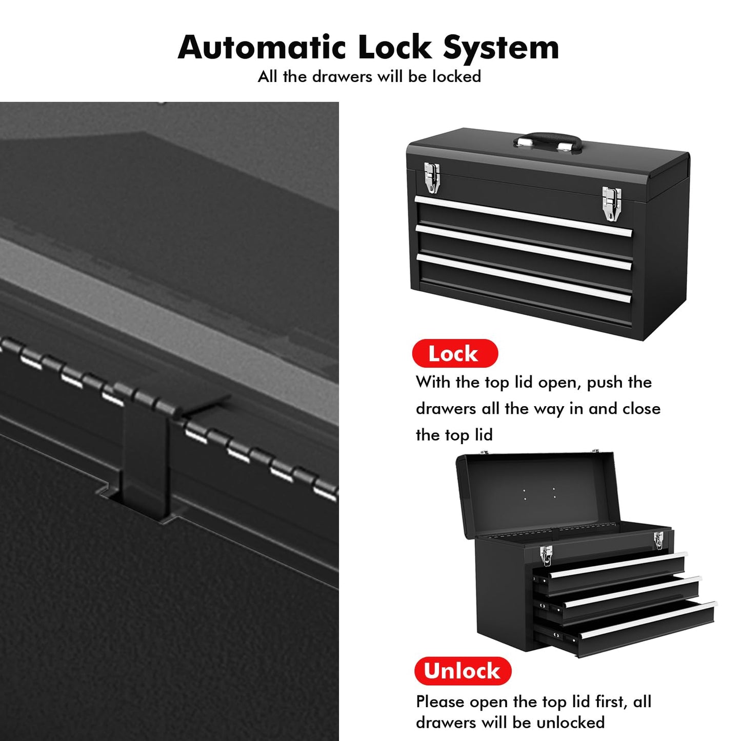 Portable Steel Tool Box with 3 Drawers and Top Storage Tray