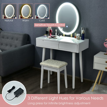 Dressing Table with 3-Color LED Lights Oval Mirror and Stool