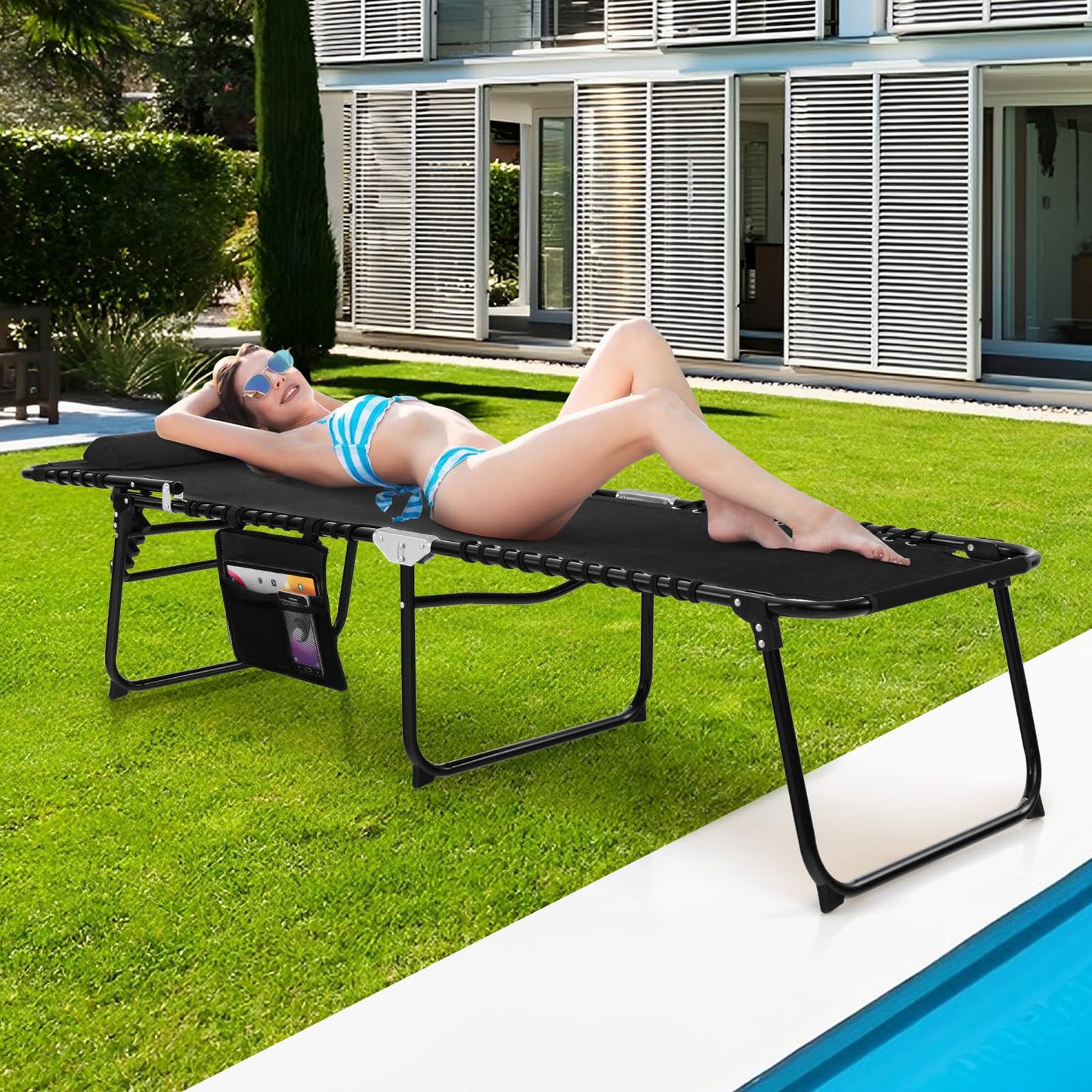 4-Level Adjustable Garden Reclining Chaise Lounge Chair Sunbed with Pillow & Side Pocket