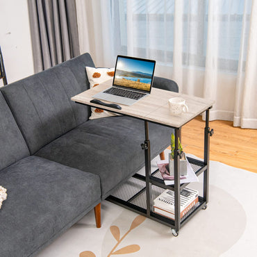 Height Adjustable Mobile Overbed Table with Wheels and Storage Shelves