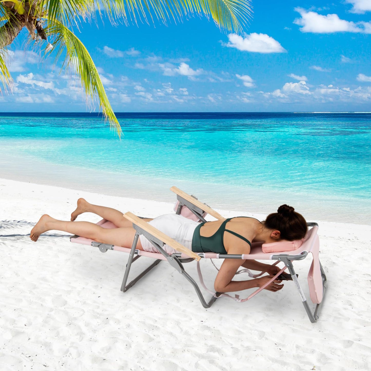 3-IN-1 Foldable Beach Chair Lay-Flat Tanning Chair with Face Hole