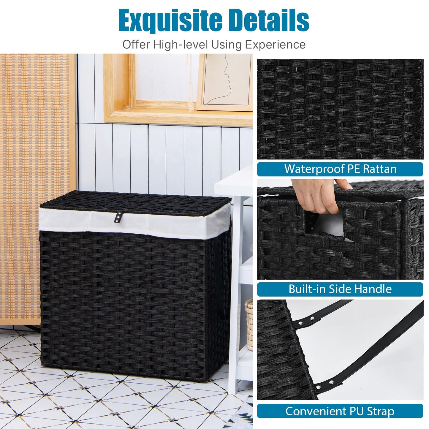 Laundry Hamper with Lid and Wheels and 2 Removable and Washable Liner Bags