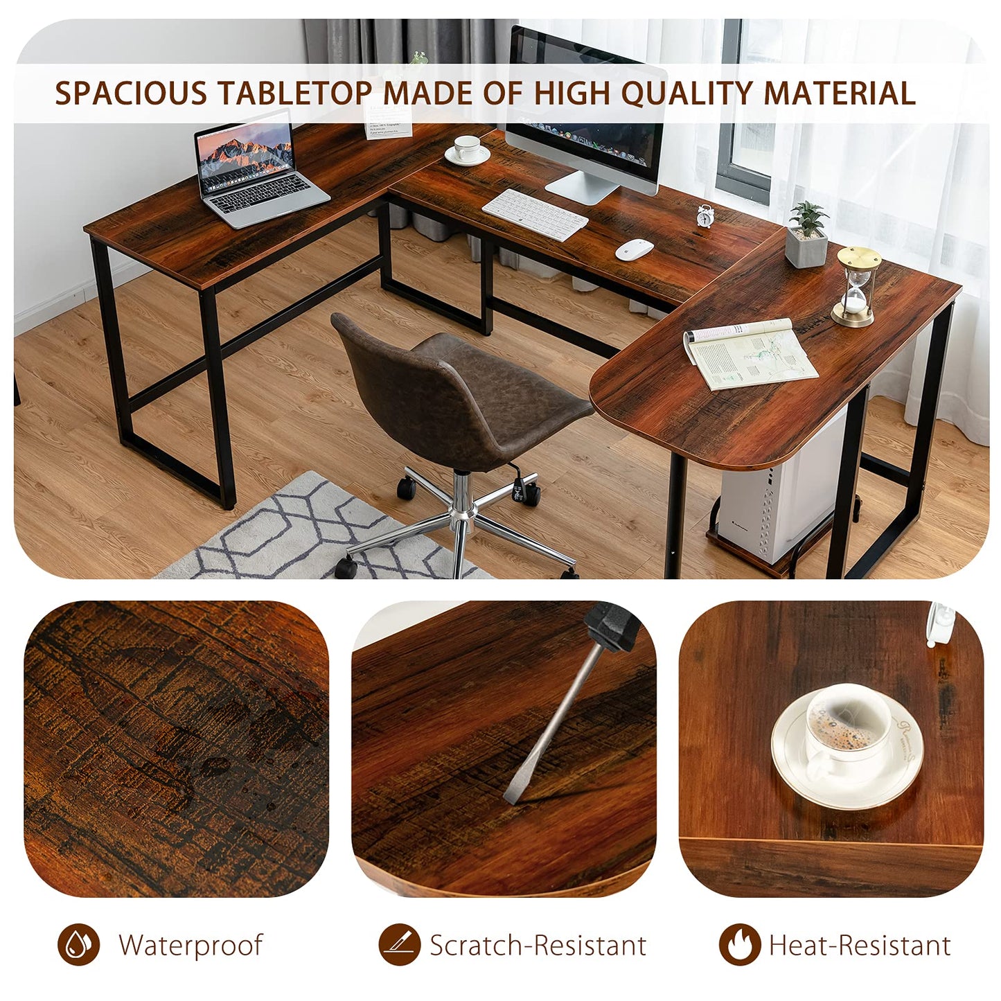 Industrial Computer Desk, U-Shaped Large Desktop Workstation PC Laptop Table