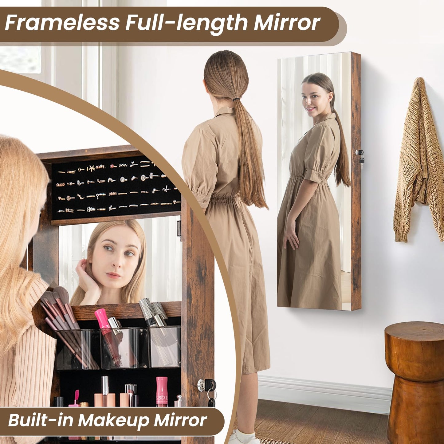 110 cm Jewelry Mirror Cabinet with Full-length Mirror and Interior Makeup Mirror