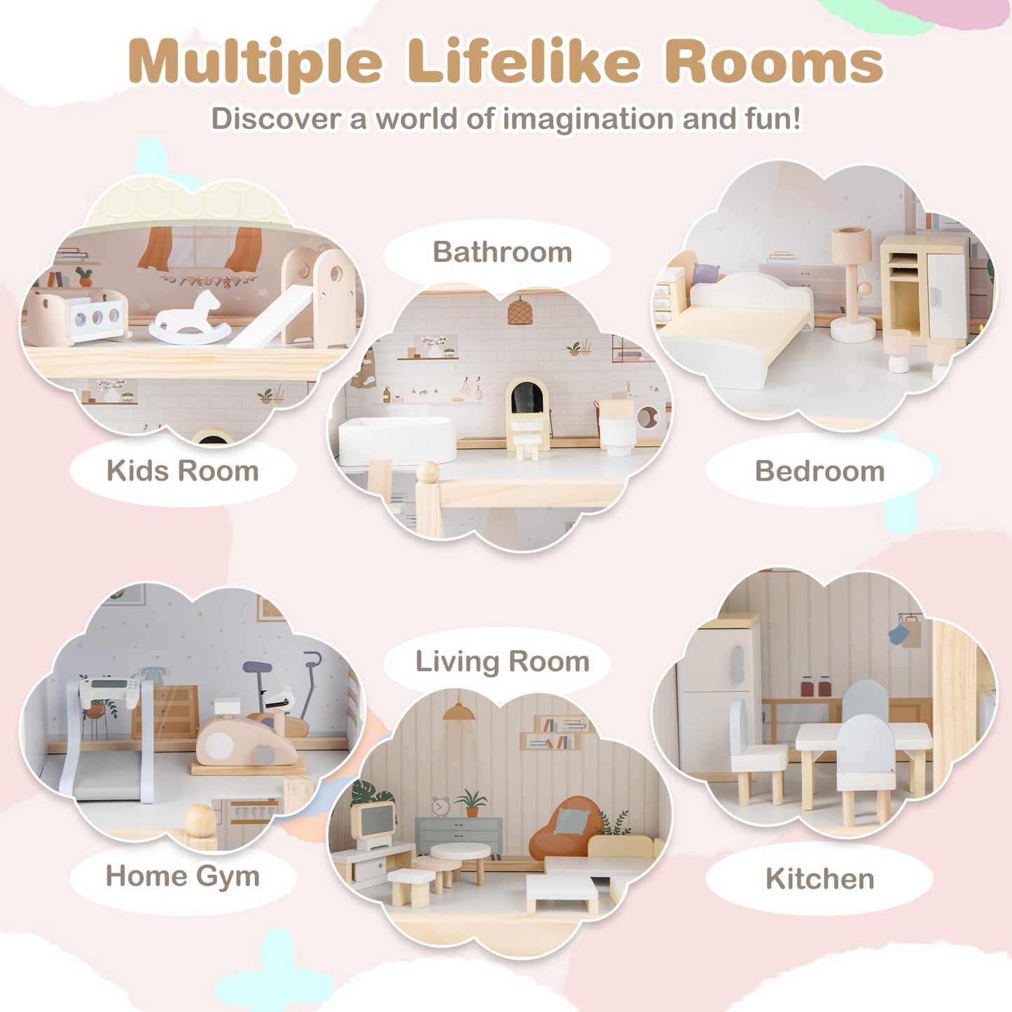 Wooden Dollhouse with 33 PCS Furniture Accessories for Girls and Boys