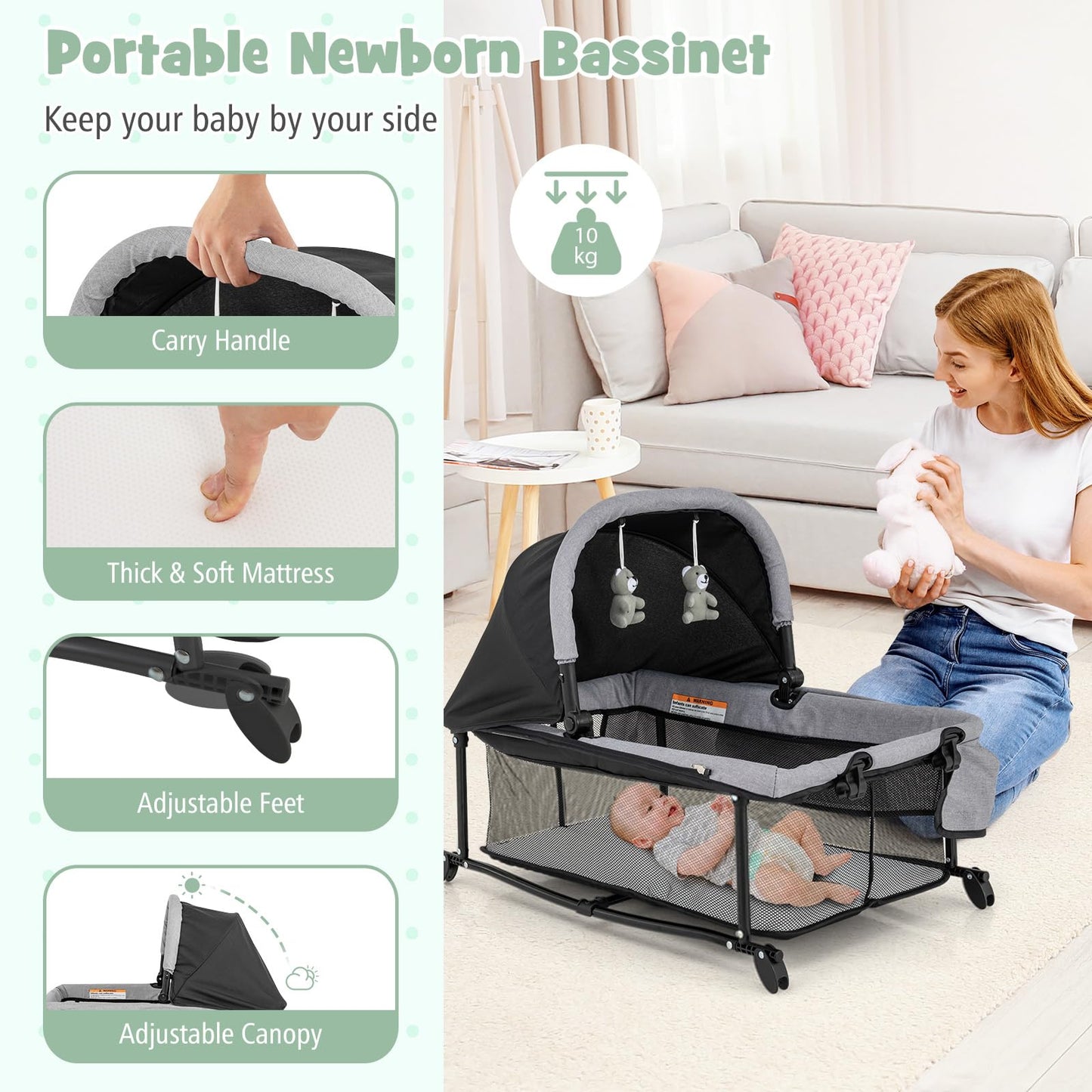 Portable Baby Crib Bassinet with Mattress