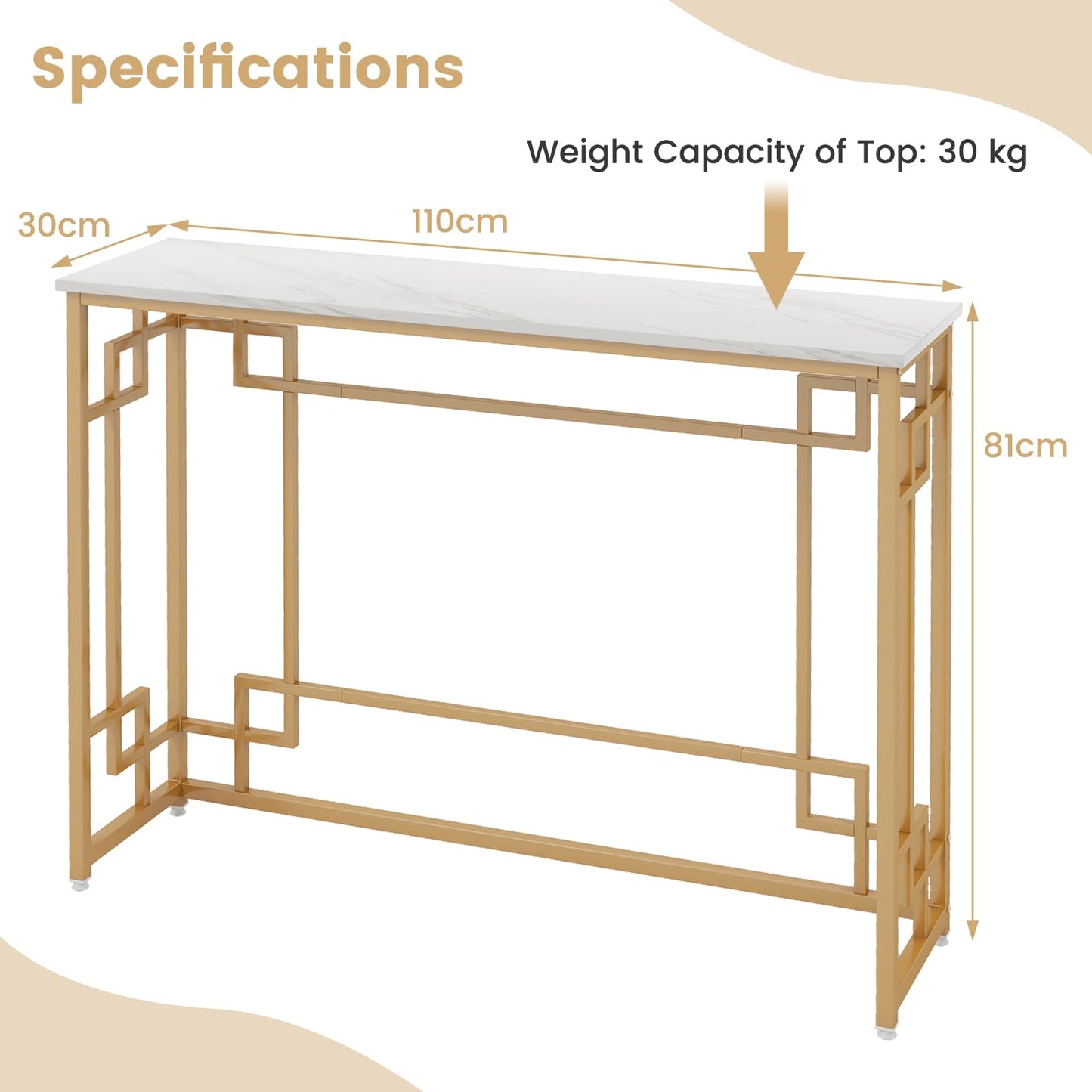 Metal Frame 110cm Long Narrow Accent Sofa Side Table for Hallway