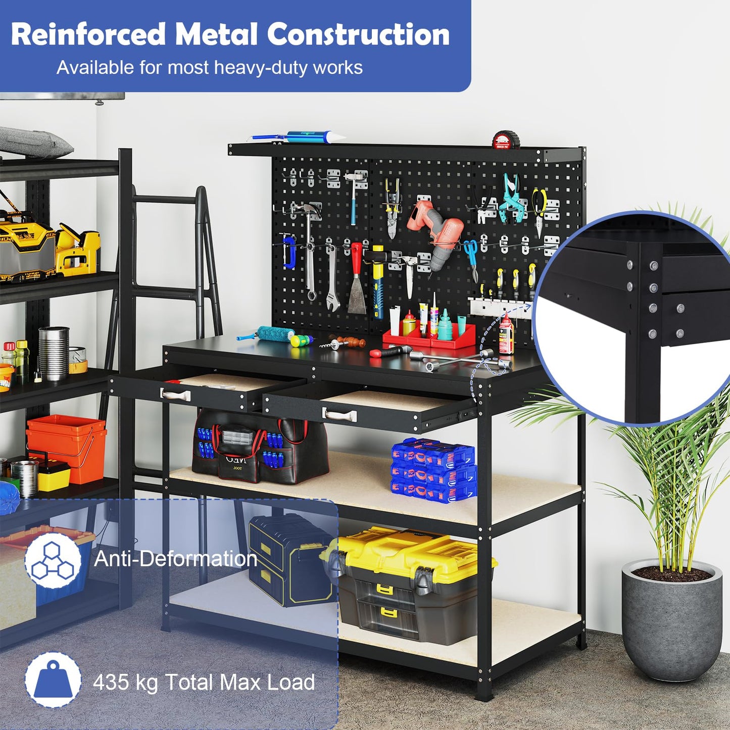 121x61x156cm Metal Workbench with Pegboard with 2 Drawers & 24 Hanging Accessories
