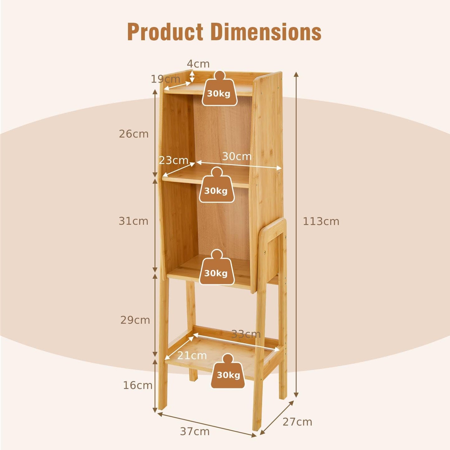 3 Tier Free Standing Tall Bamboo Bookshelf with Legs