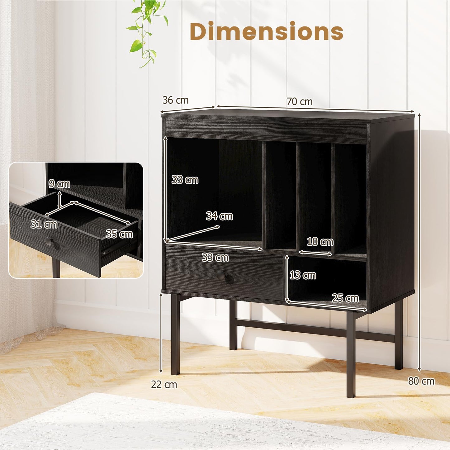 Large Record Player Stand with Open Compartments and Album Holders