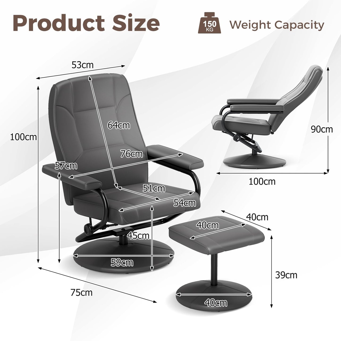 360° Swivel Reclining Chair with Ottoman and Adjustable Backrest