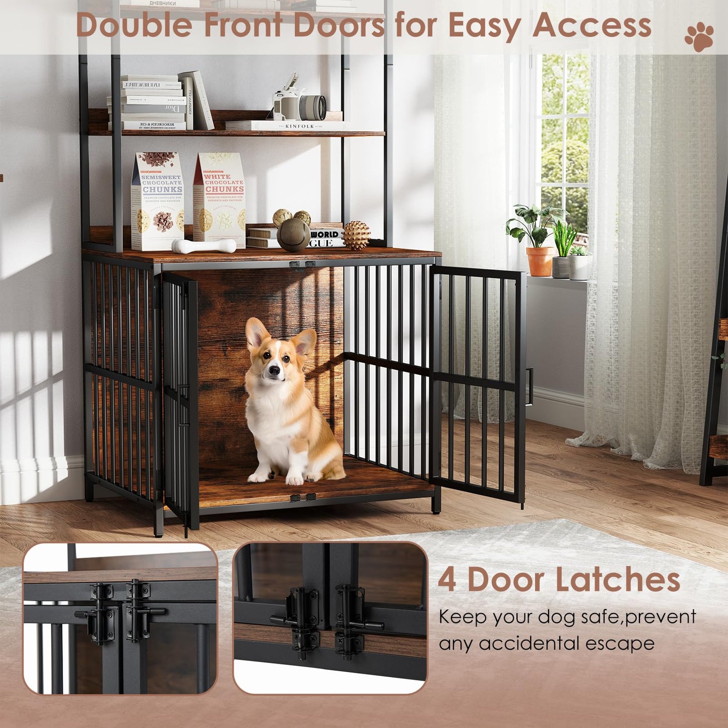 Indoor Wooden Dog Cage with Storage Shelves