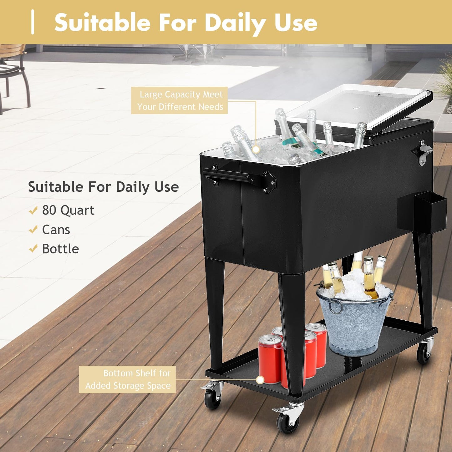 80-Quart Rolling Ice Chest Beverage Cooler Cart with Shelf
