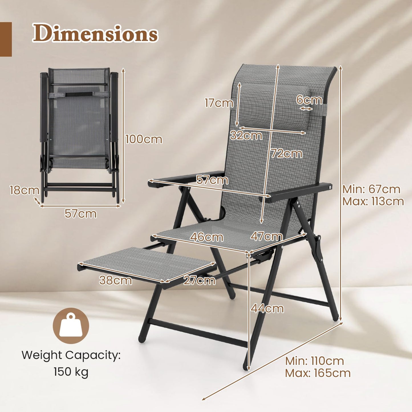 10-Position Adjustable Patio Chaise Lounge Chair Deck Sunbed with Armrests