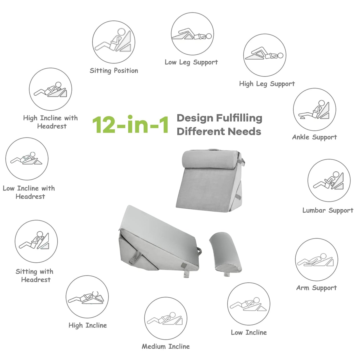 Bed Wedge Pillow with Headrest and Washable Cover for Reading