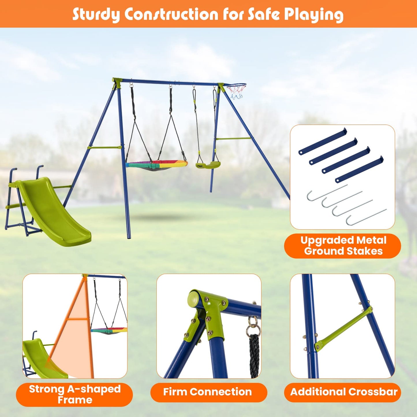 4-in-1 Kids Metal Swing Stand with Double Swings
