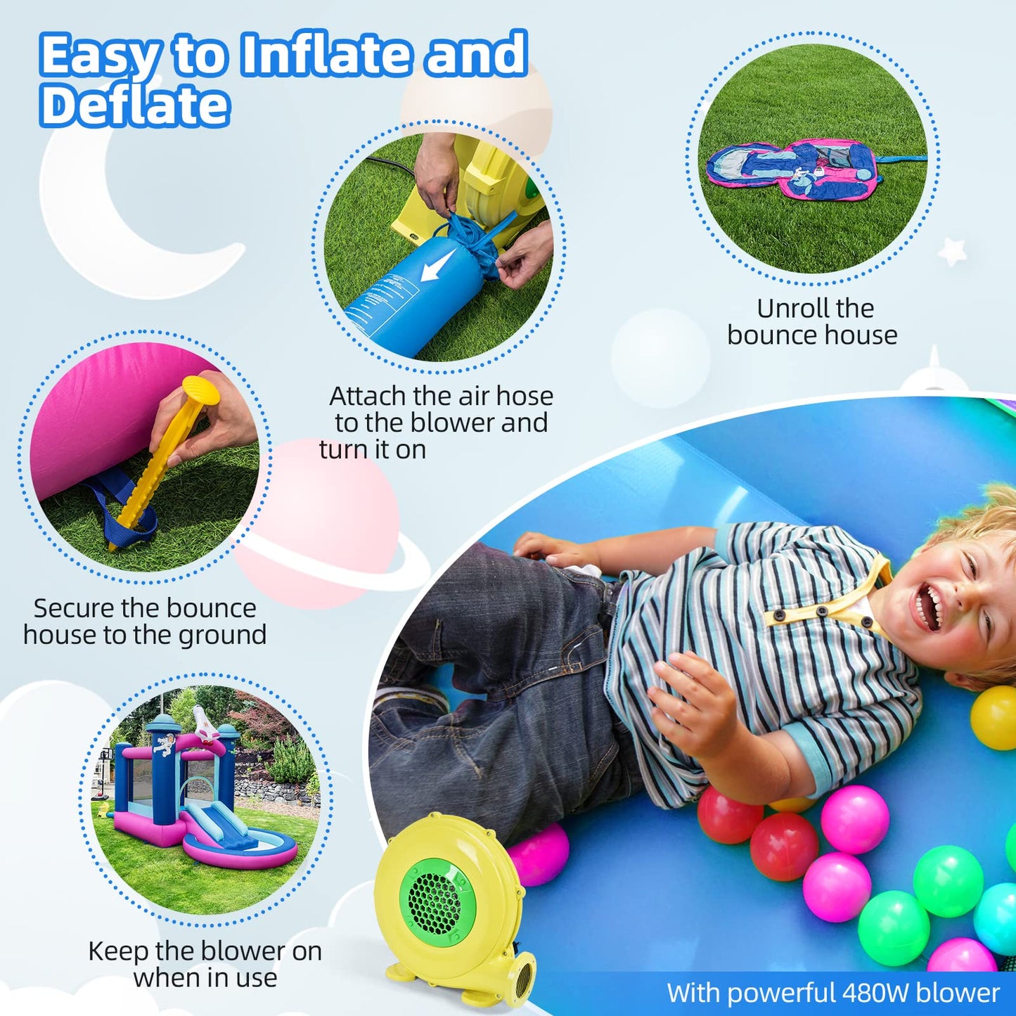 Kids Bouncy Castle with 480W Blower Splash Pool and Carrying Bag