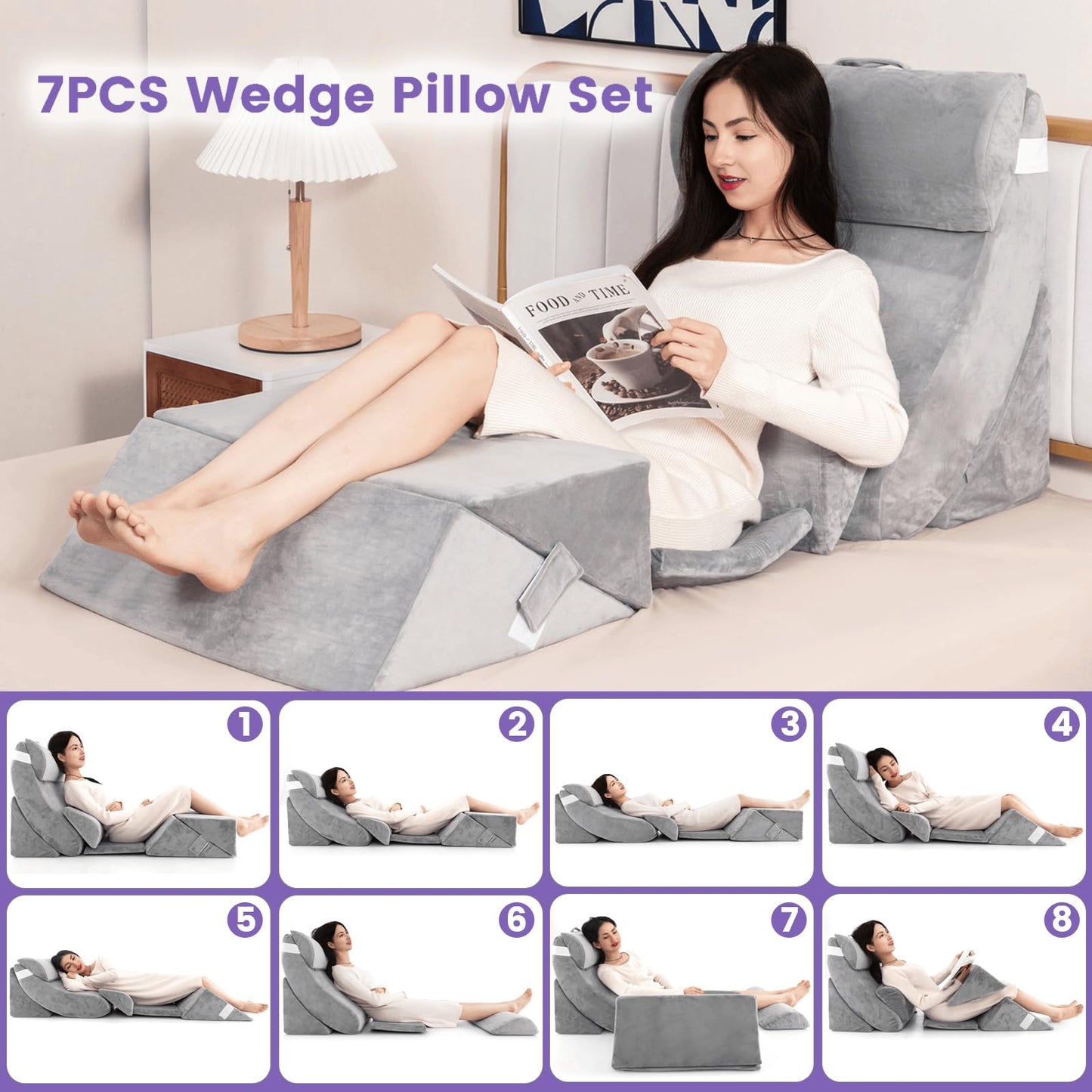 7 PCS Adjustable Support Pillow Set Bed Wedge Pillows with Memory Foam