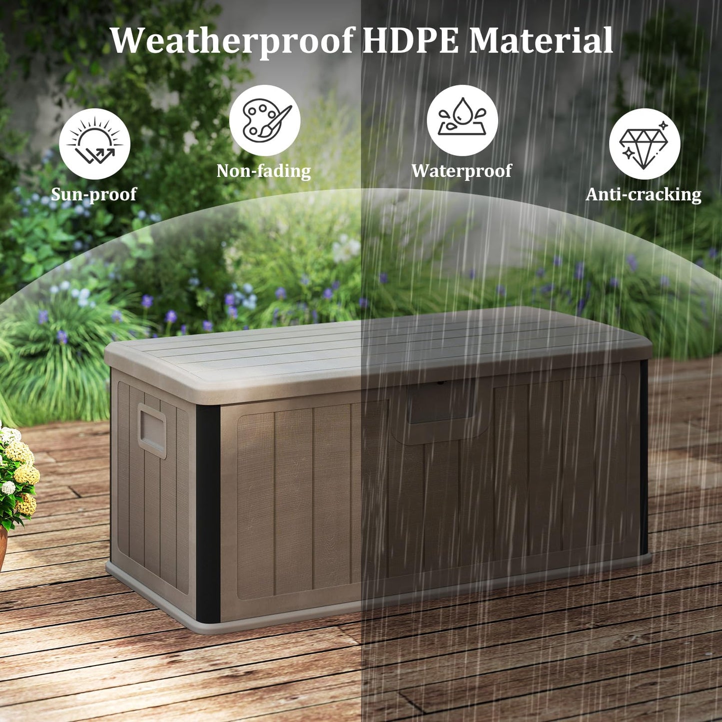 380L Waterproof Resin Deck Box Bench with Lockable Lid & Side Handles