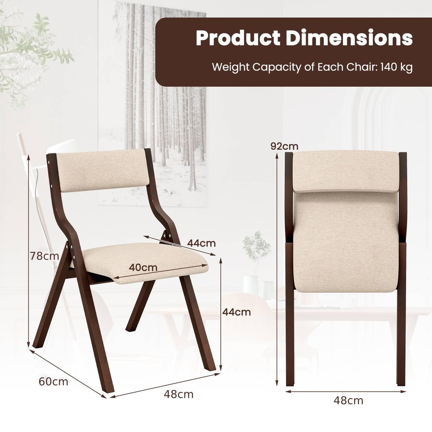 Padded Folding Chair Set of 2, Wooden Counter Dining Chairs with Linen Fabric Seat