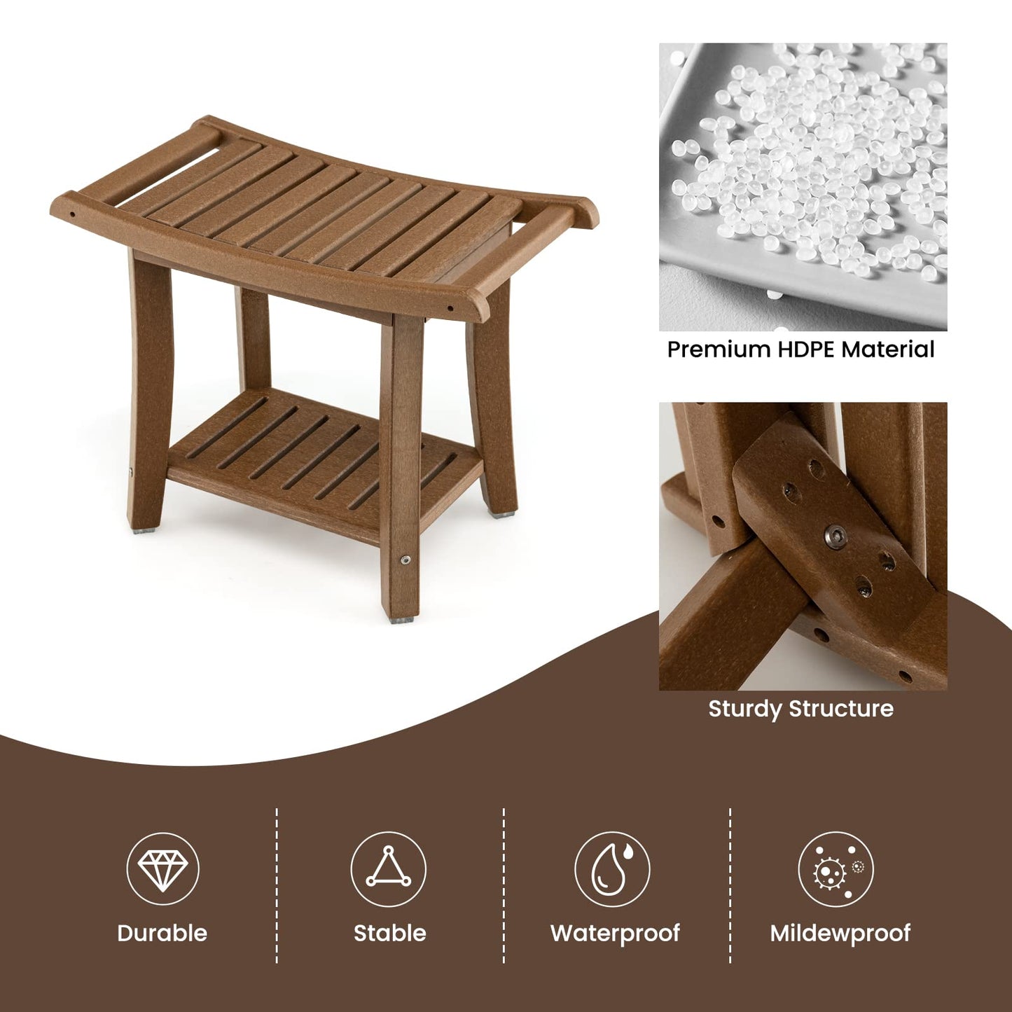 2-Tier Slatted Spa Bath Stool with Storage Shelf & Handles