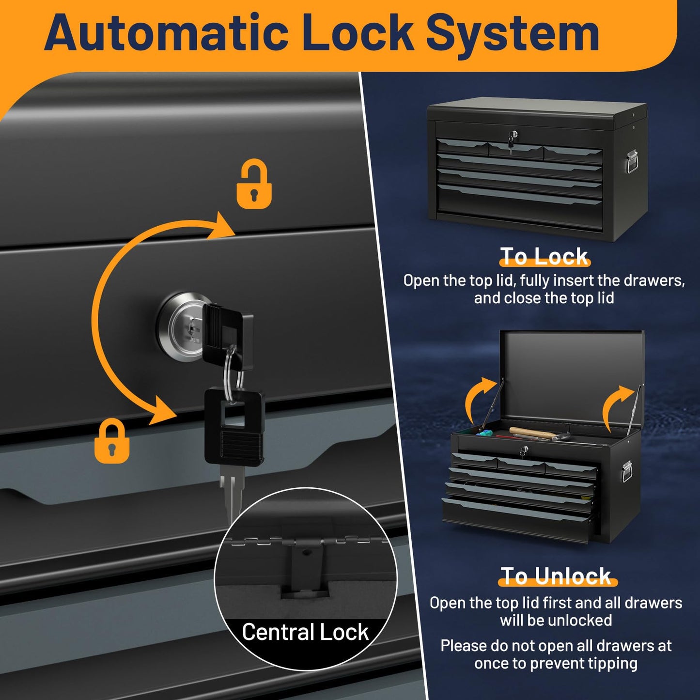 Steel Tool Box Chest Case with 6 Drawers Top Storage Automatic Lock