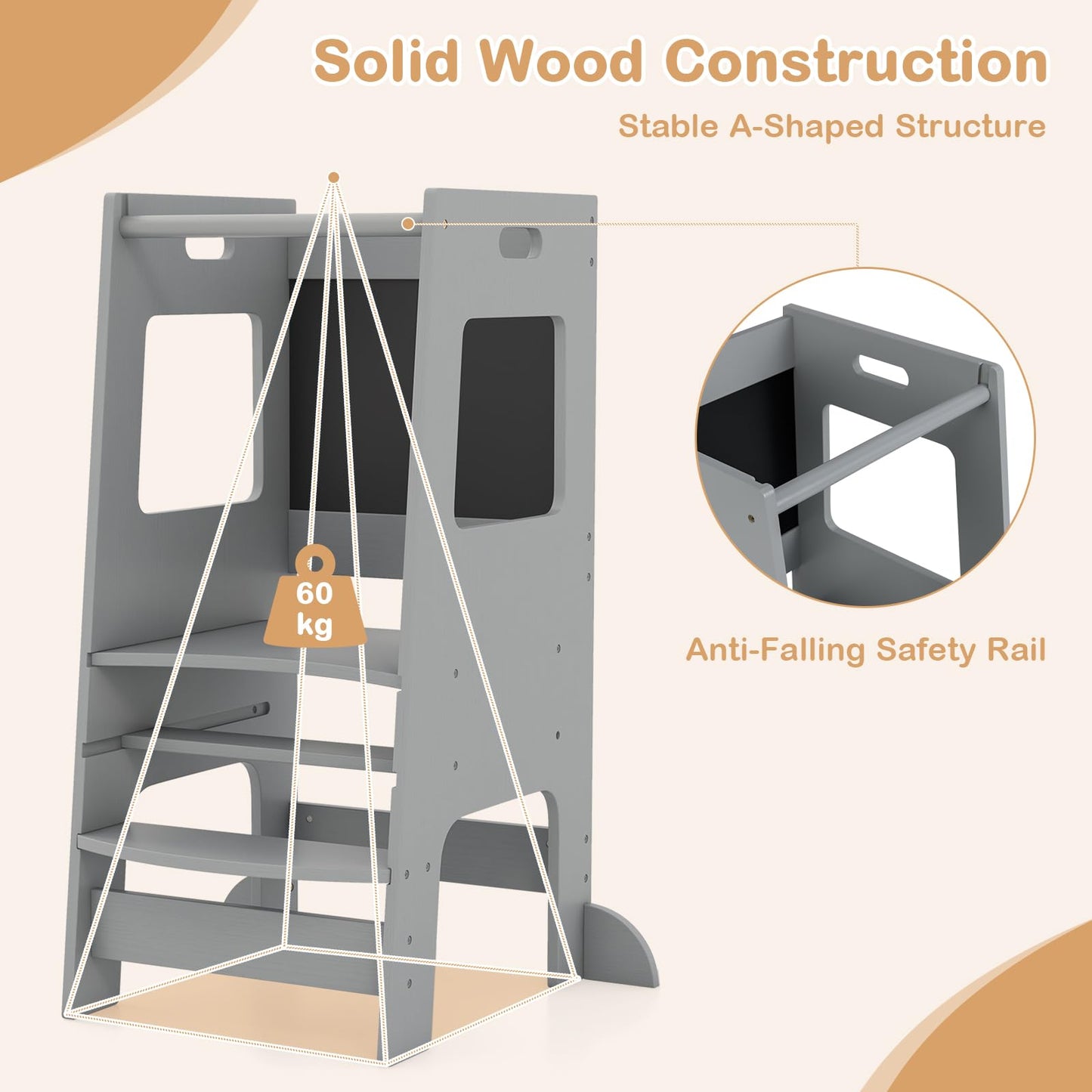Height Adjustable Learning Tower with Safety Rail