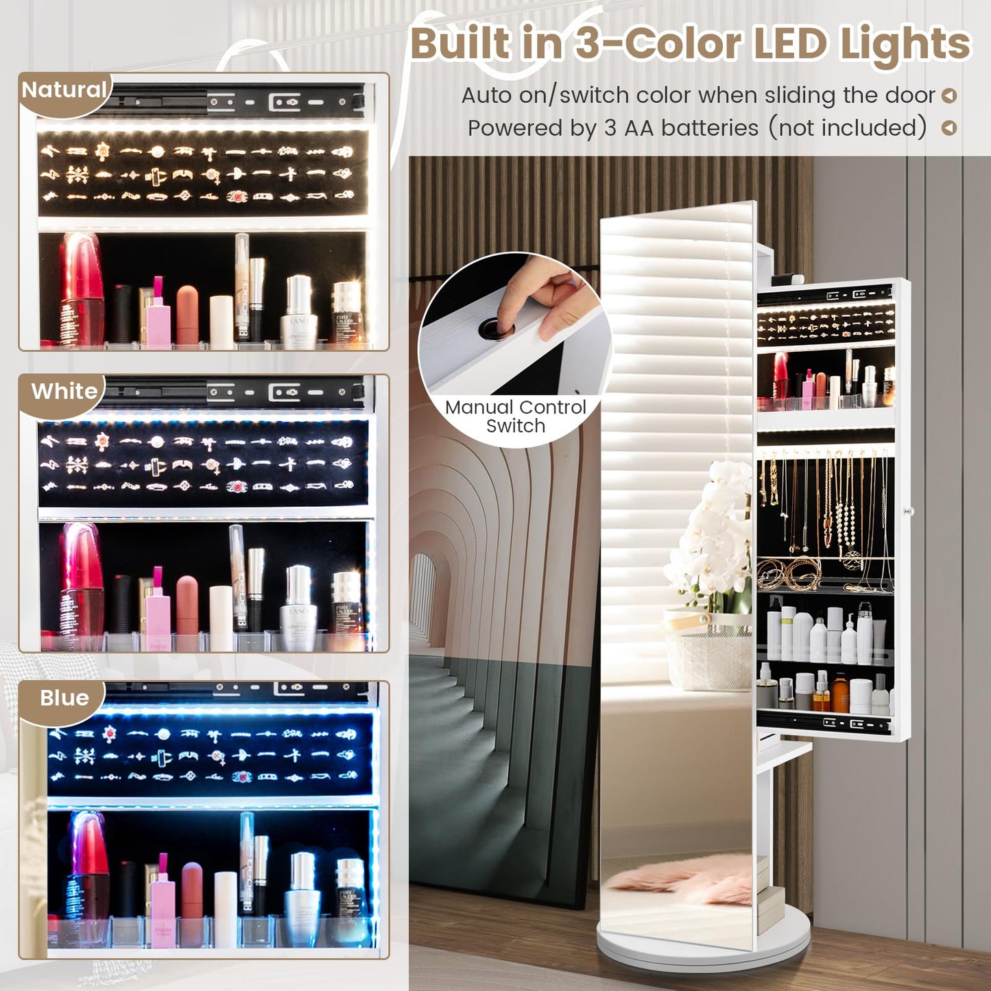 Swivel Jewelry Cabinet with Full-Length Mirror Cosmetics Storage