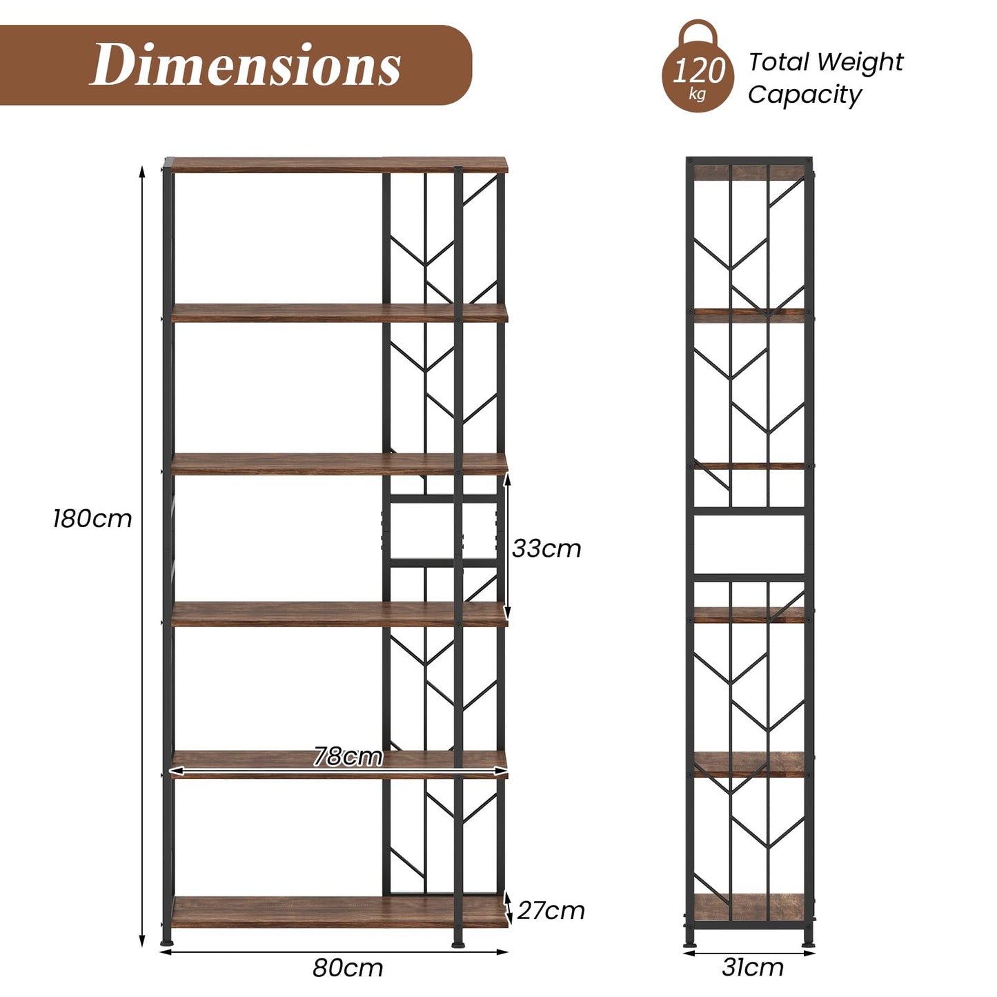 6-Tier Modern Geometric Bookcase with Heavy-duty Metal Frame for Study